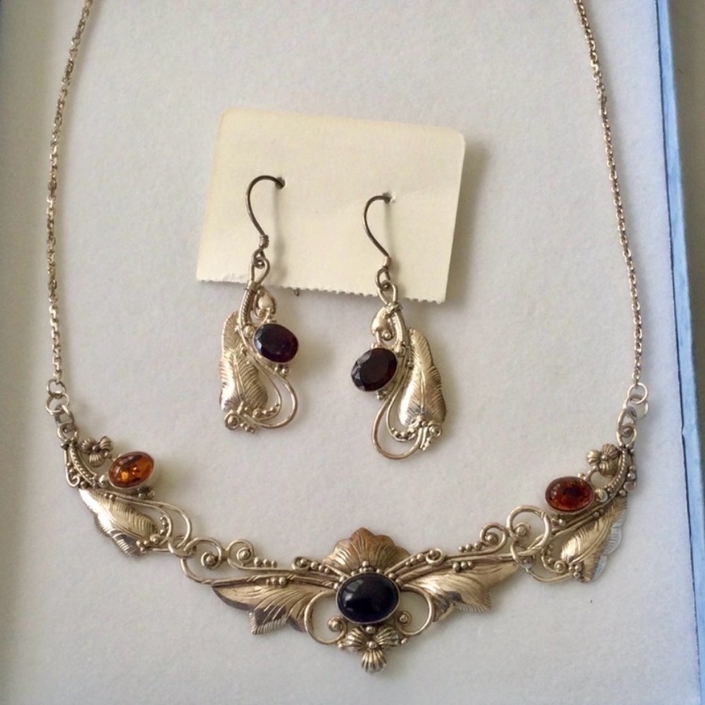 2 pc Vintage Silver Necklace and Earrings w/semi precious stones marked (925) - Picture 1 of 12